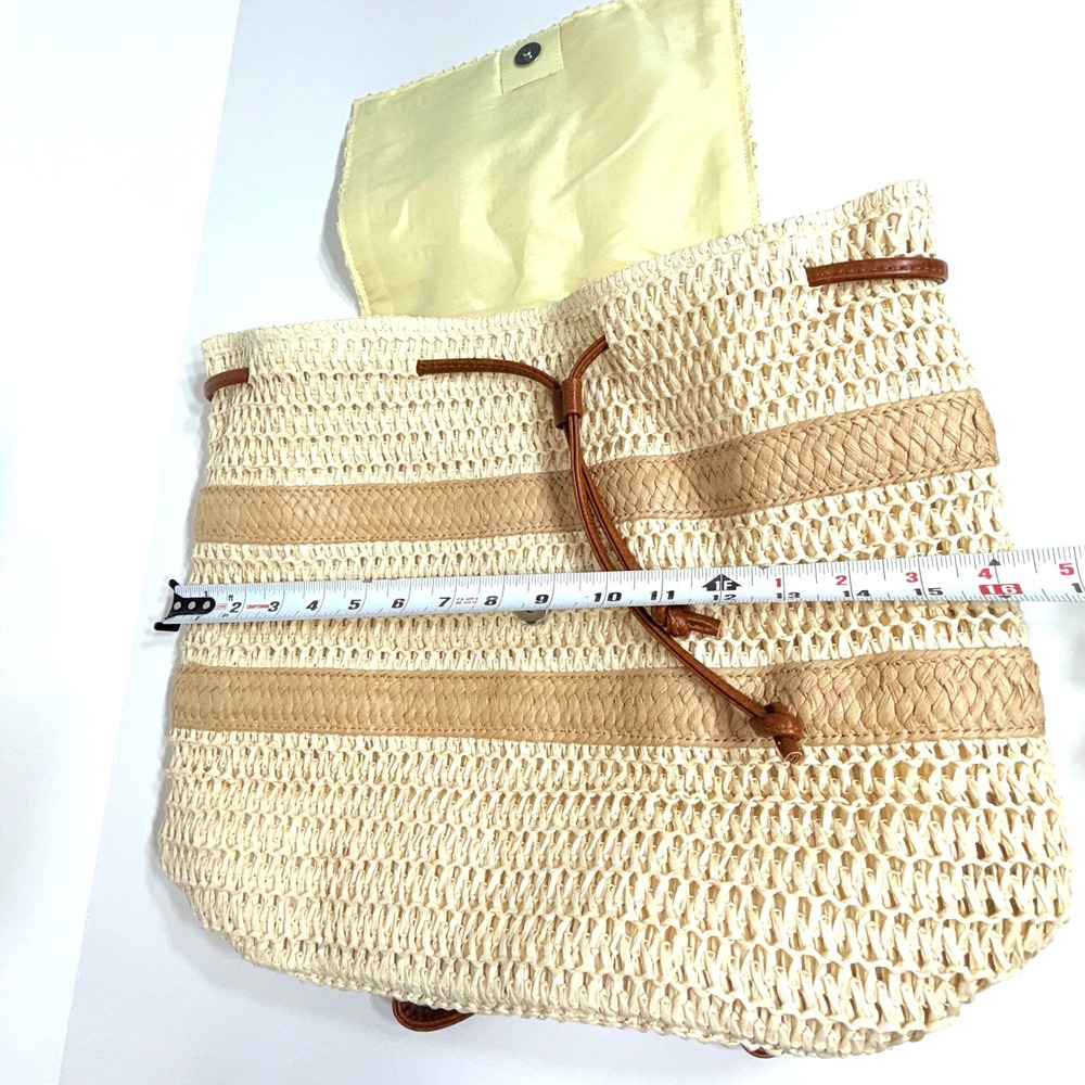 Roxy Woven Straw Backpack Cream Tan Striped Boho Beach Bag Drawstring RN114199 - Picture 5 of 16